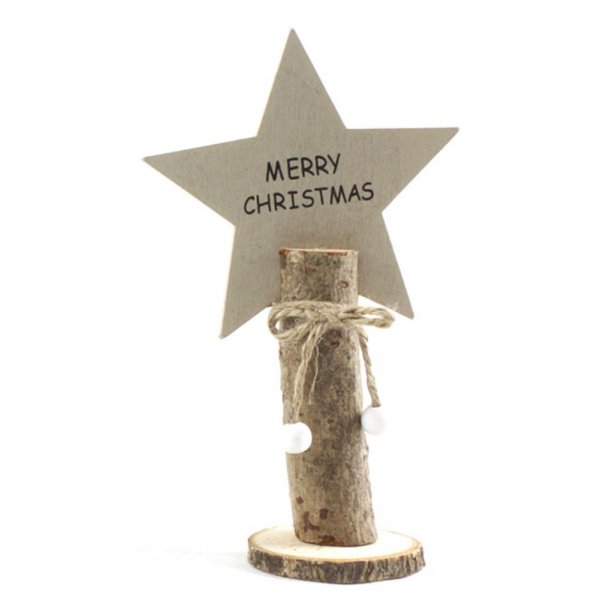 Χριστουγεννιάτικο Ξύλινο Αστέρι σε Κορμό με "Merry Christmas", Γκρι (19cm)